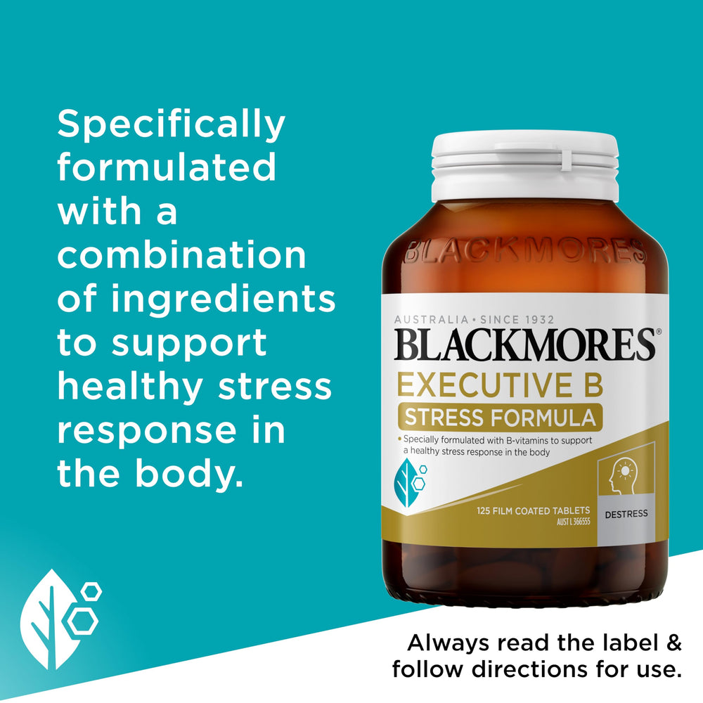 Blackmores Executive B packaging with nutrient details supports informed daily supplement choices.