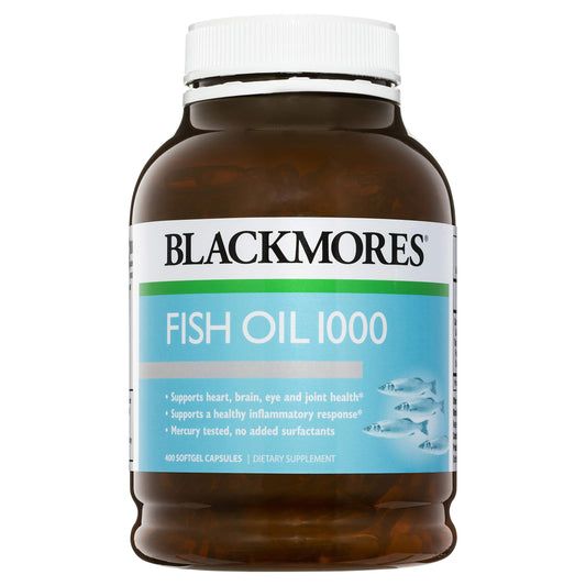 Blackmores Fish Oil 1000 bottle front shows omega-3 supplement for daily wellness