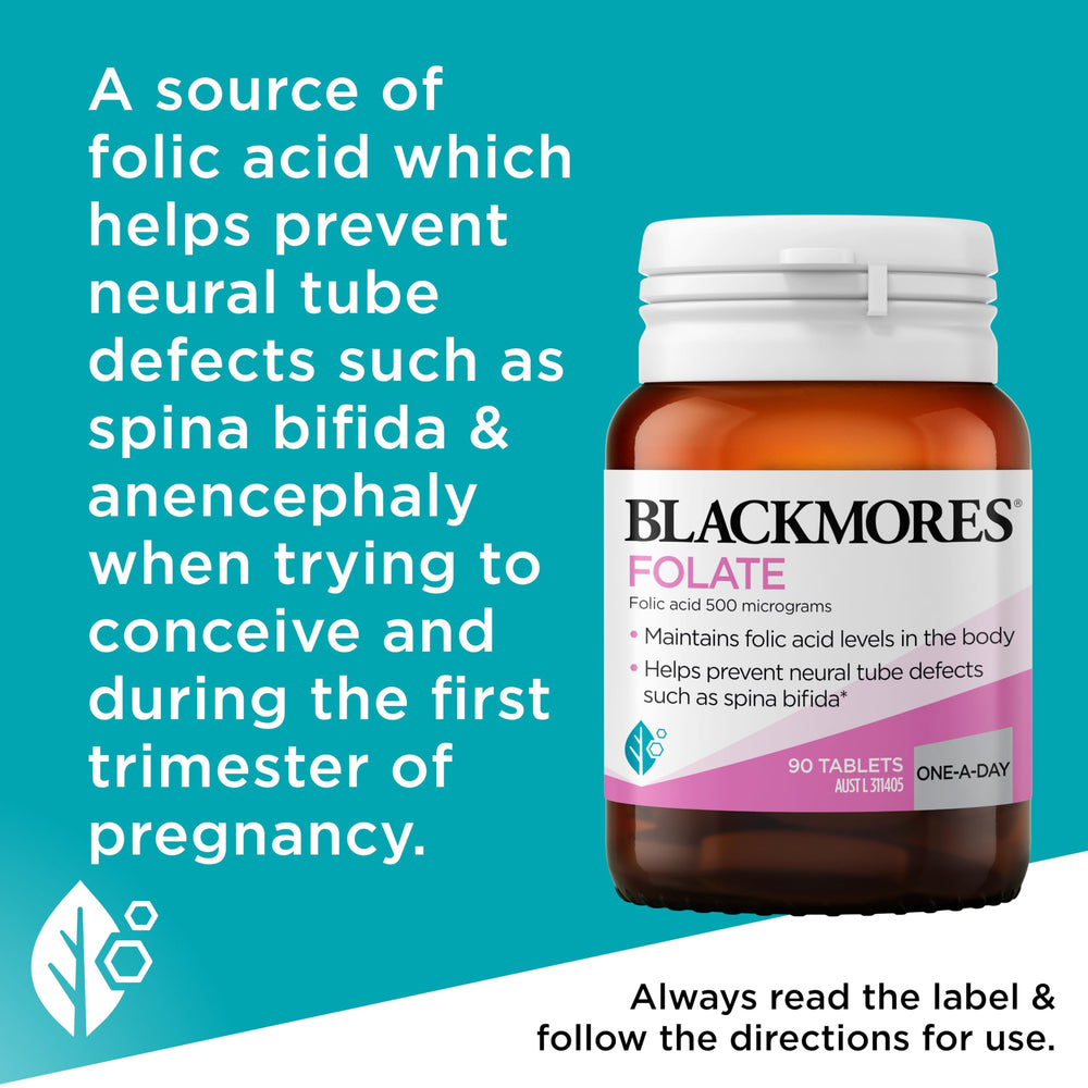 Close-up of Blackmores Folate 500mcg label with dosage guidance.