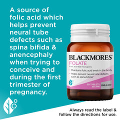 Close-up of Blackmores Folate 500mcg label with dosage guidance.