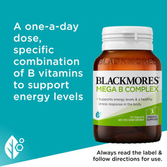 Blackmores Mega B Complex bottle with a glass of water for daily use.