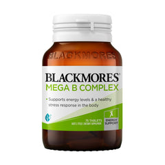 Blackmores Mega B Complex bottle on a clean surface, supporting daily energy metabolism.