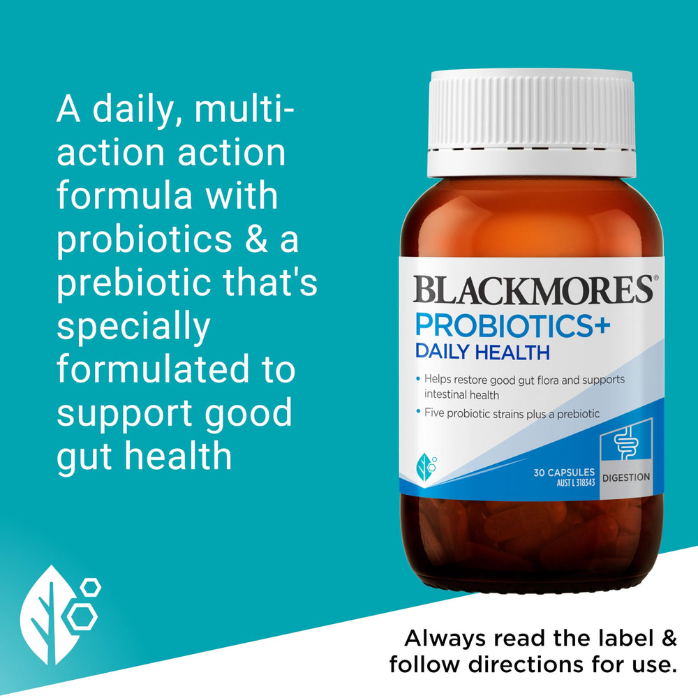 Packaging surface showing moisture-protection technology used by Blackmores Probiotics+ Daily Health