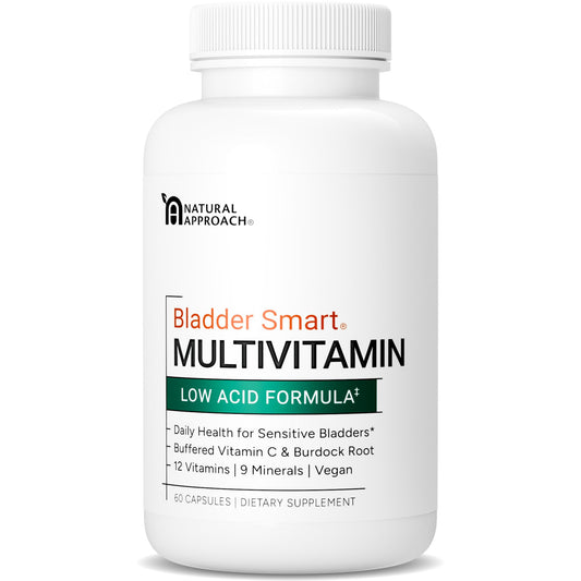BLADDER SMART low-acid multivitamin bottle displaying bladder-friendly nutrition for daily support.