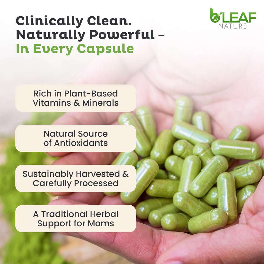 B’LEAF NATURE Moringa capsules close-up showing plant-based formula.