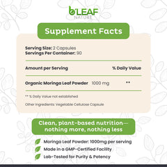 B’LEAF NATURE Moringa vegan capsules on packaging, gluten-free and non-GMO.