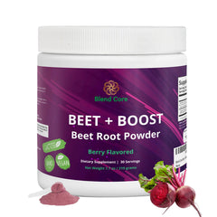 Blend Core Beet + Boost berry powder bottle highlights natural energy support for workouts
