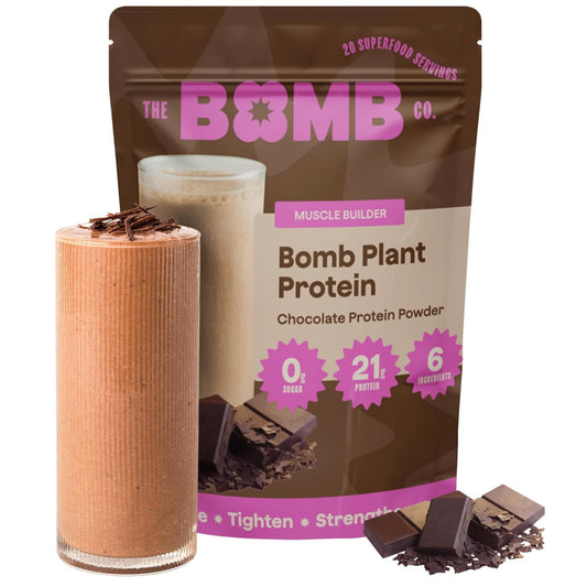 Blender Bombs Bomb Plant Protein canister with 21g protein per serving.
