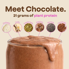 Blender Bombs Bomb Plant Protein powder jar for rich cocoa flavor in shakes.