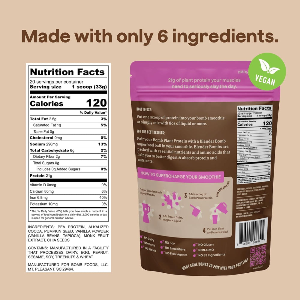 Blender Bombs Bomb Plant Protein vanilla-infused powder offers versatile flavor base.