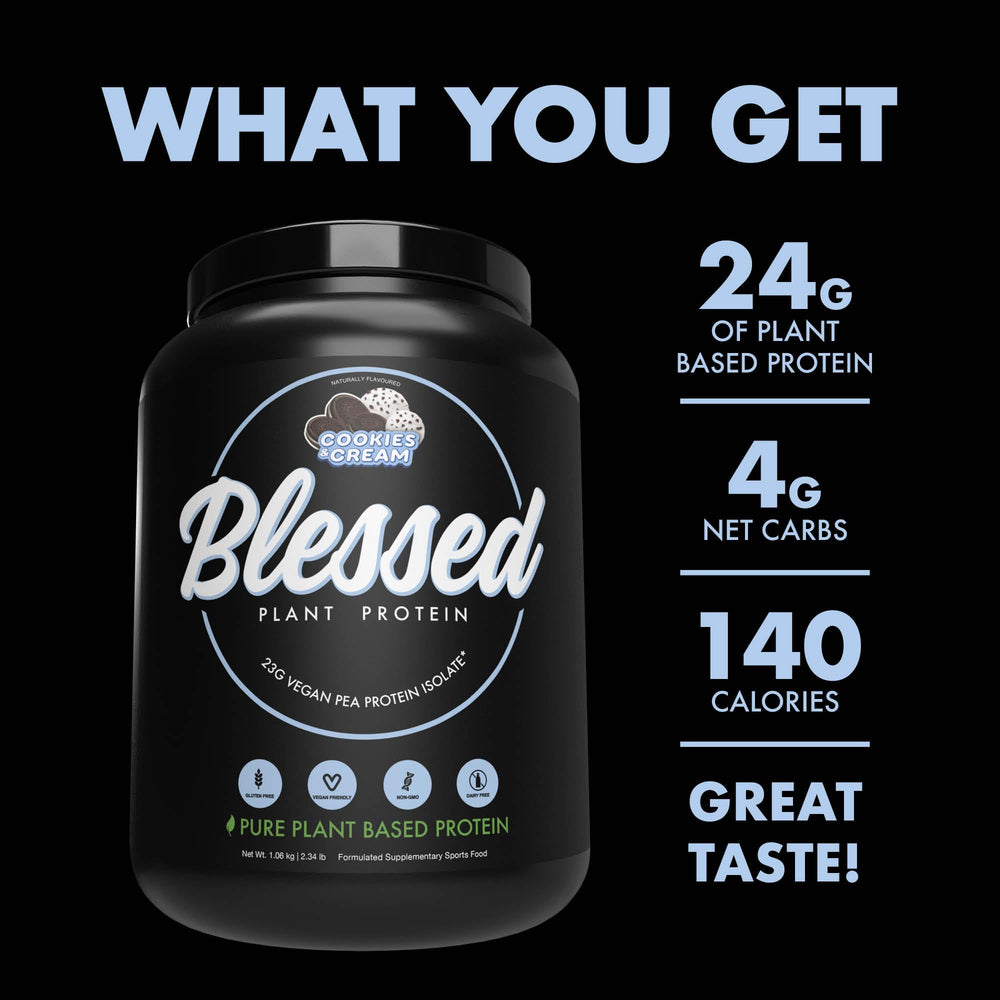 Blessed vegan protein powder ingredients label highlighting gluten-free dairy-free soy-free