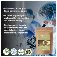 Blessfull Healing green coffee bean powder closeup; natural texture and purity cues.