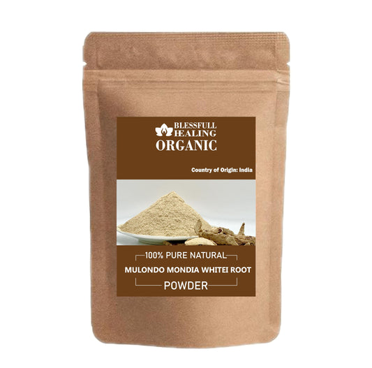 Blessfull Healing Mulondo Mondia Whitei root powder bottle on shelf for daily wellness rituals.