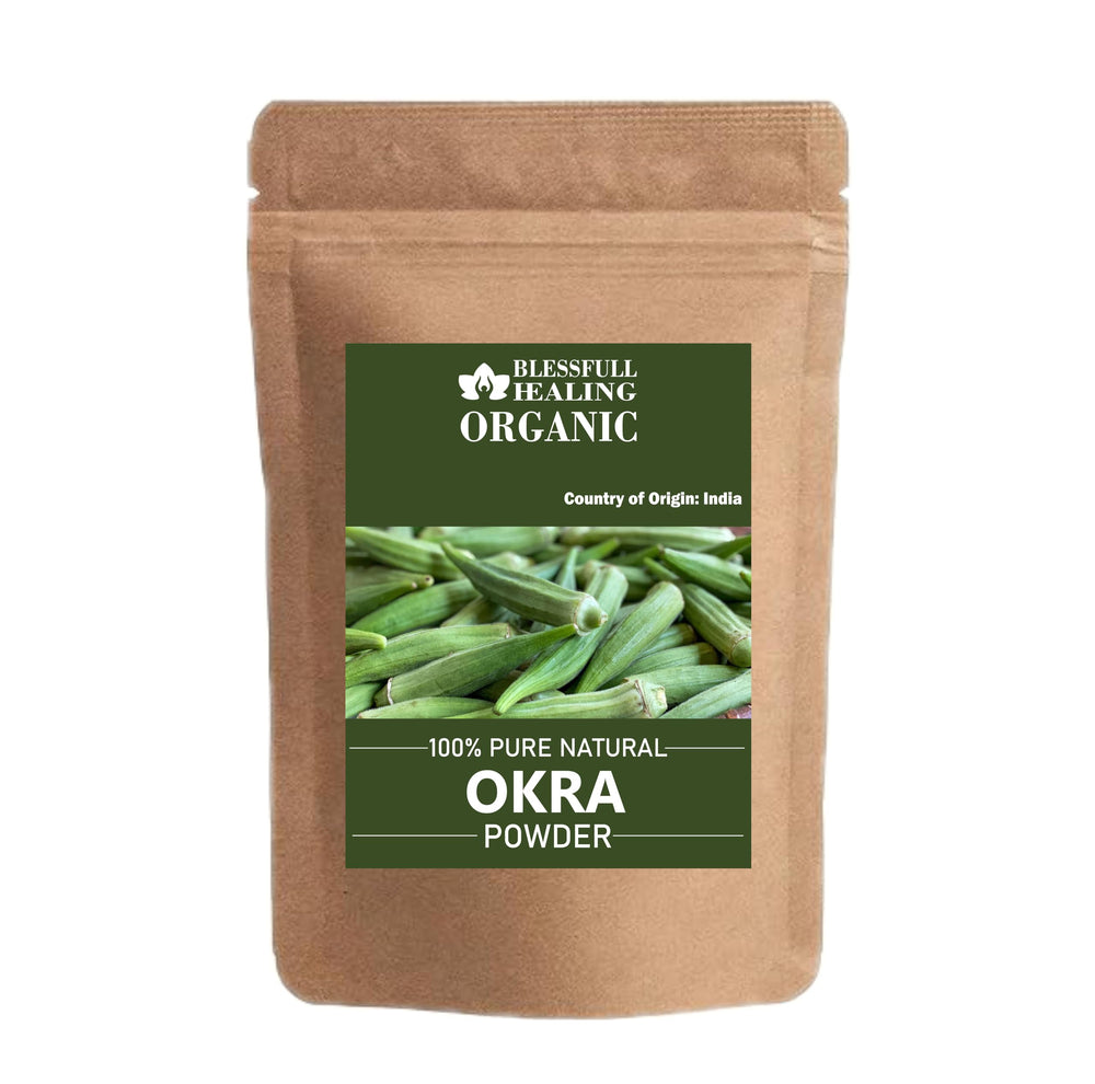 Blessfull Healing Okra Powder bottle on kitchen counter, ready for cooking