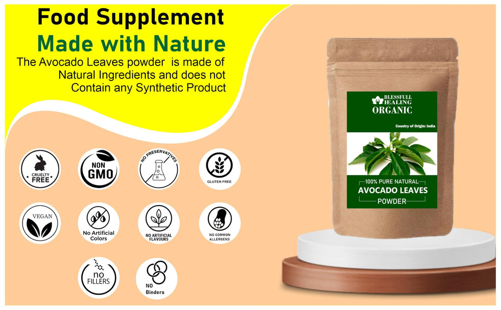 Blessfull Healing organic avocado leaves powder in a bowl, ready for teas.