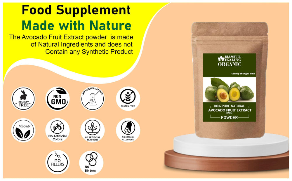 Organic Blessfull Healing jar label on avocado powder, pure and natural.