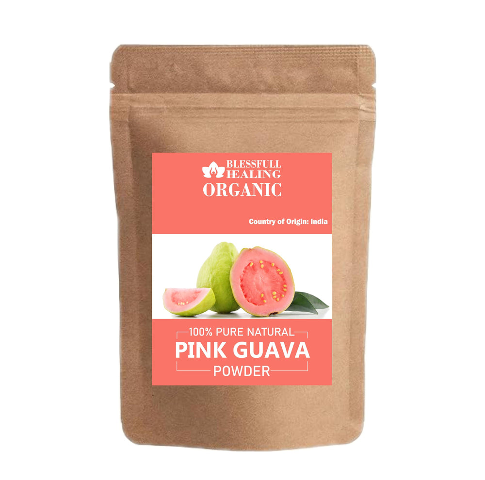 Blessfull Healing pink guava powder in a jar, ideal for smoothies and baking.