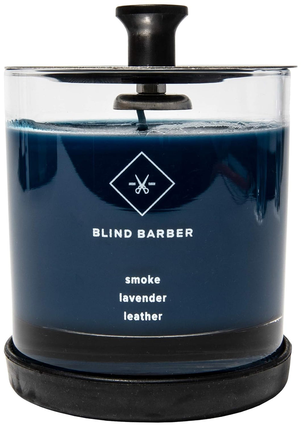 Blind Barber Tompkins candle in Barbicide jar delivers lasting barbershop aroma at home.