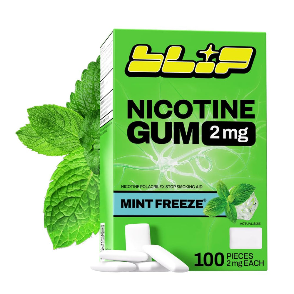 Blip NRT nicotine gum packaging shows mint-freeze flavor for cravings support.
