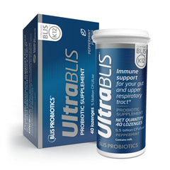 BLIS UltraBLIS probiotic lozenges packaging promoting daily immune and gut balance.