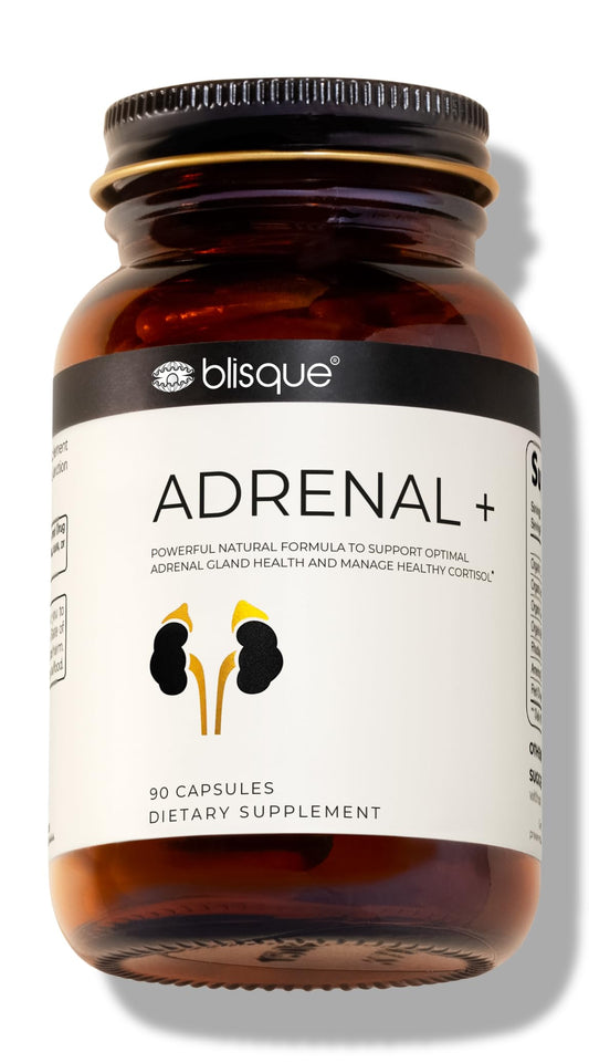Blisque Adrenal+ bottle close-up showing vegan, non-GMO adrenal support.