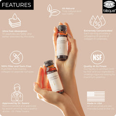 Blisque bottle cap close-up emphasizes premium, filler-free formula.