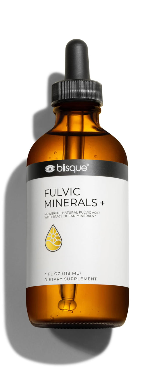 Blisque Fulvic Minerals bottle pour demonstrates mineral-rich hydration for daily energy support.