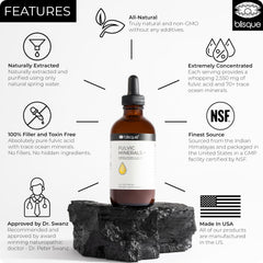 Blisque Fulvic Minerals label close-up signals natural ingredients and trusted USA-made quality.