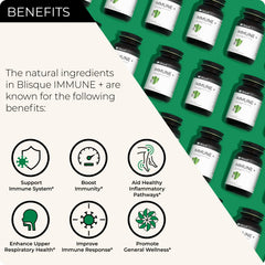 Blisque Immune capsules close-up showing vegan, clean formula
