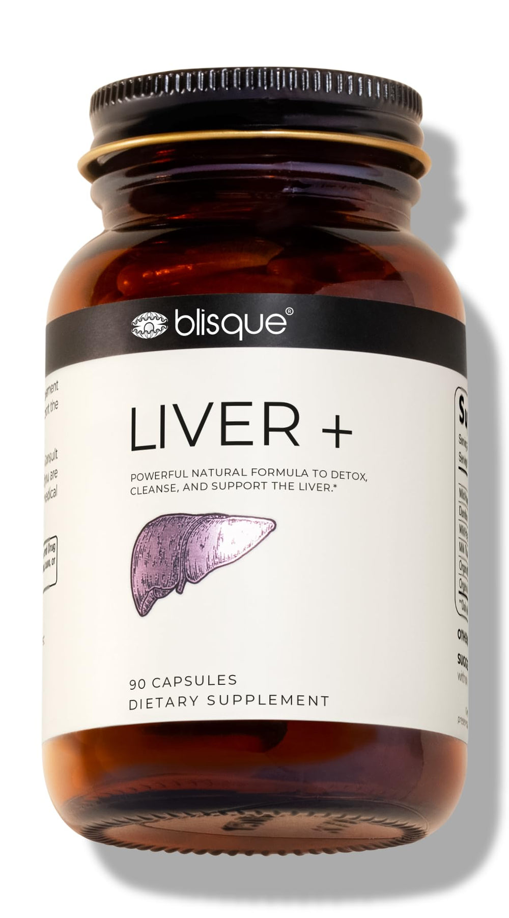 Blisque LIVER+ bottle front view for daily detox support.