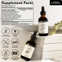 Blisque LIVER+ glass with bottle on counter, natural supplement for energy and digestion.
