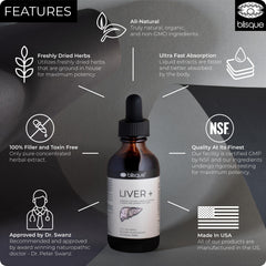 Blisque LIVER+ ingredient list close-up highlighting milk thistle and dandelion.