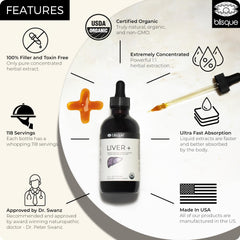Blisque LIVER+ label close-up highlighting organic quality.