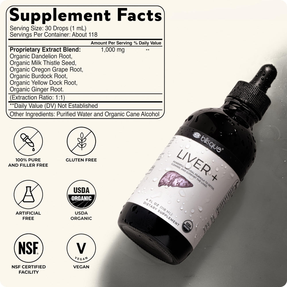 Blisque LIVER+ organic certification mark signals premium quality.