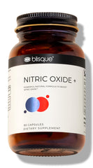Blisque natural nitric oxide bottle front shows focus on blood flow support for workouts.