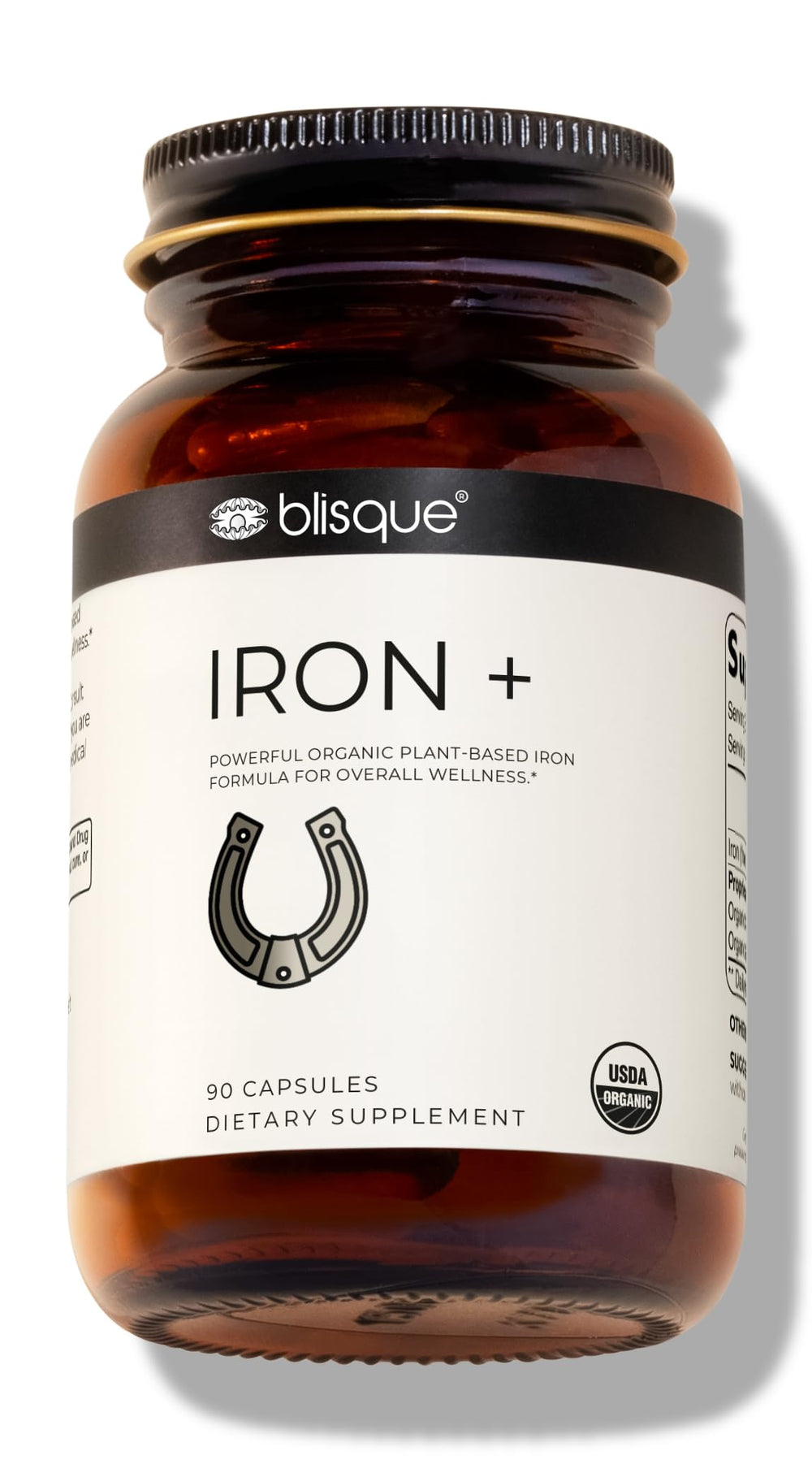 Blisque organic iron bottle showing plant-based curry leaf iron for energy support