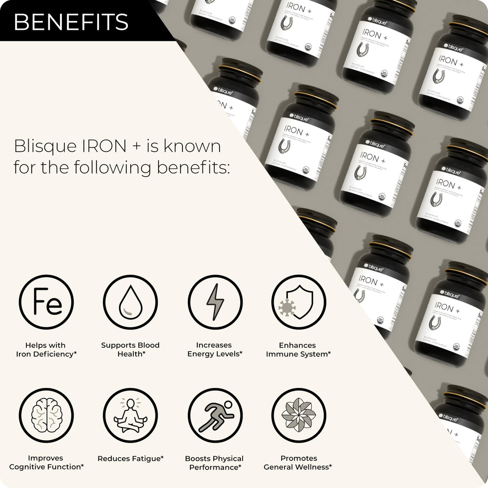 Blisque organic iron capsules closeup highlighting curry leaf source and absorption