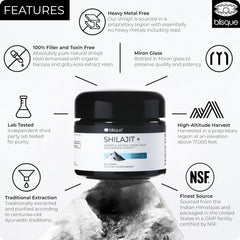 Blisque Shilajit resin closeup amber texture conveys purity and natural origin.