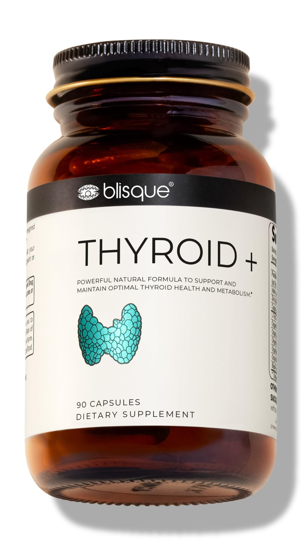 Blisque Thyroid Support bottle with 90 capsules for daily metabolic balance.