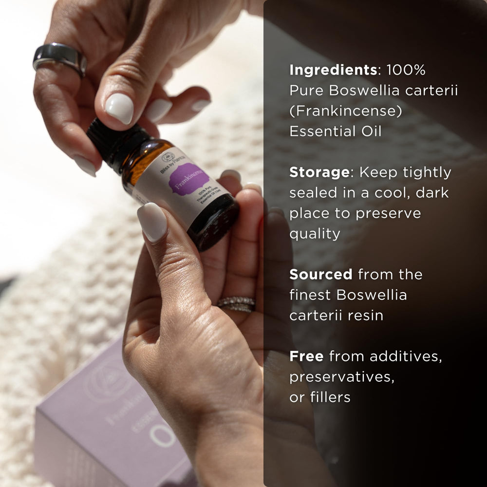 Bliss by Patricia sustainable sourcing display; ethically sourced and vegan essential oil.