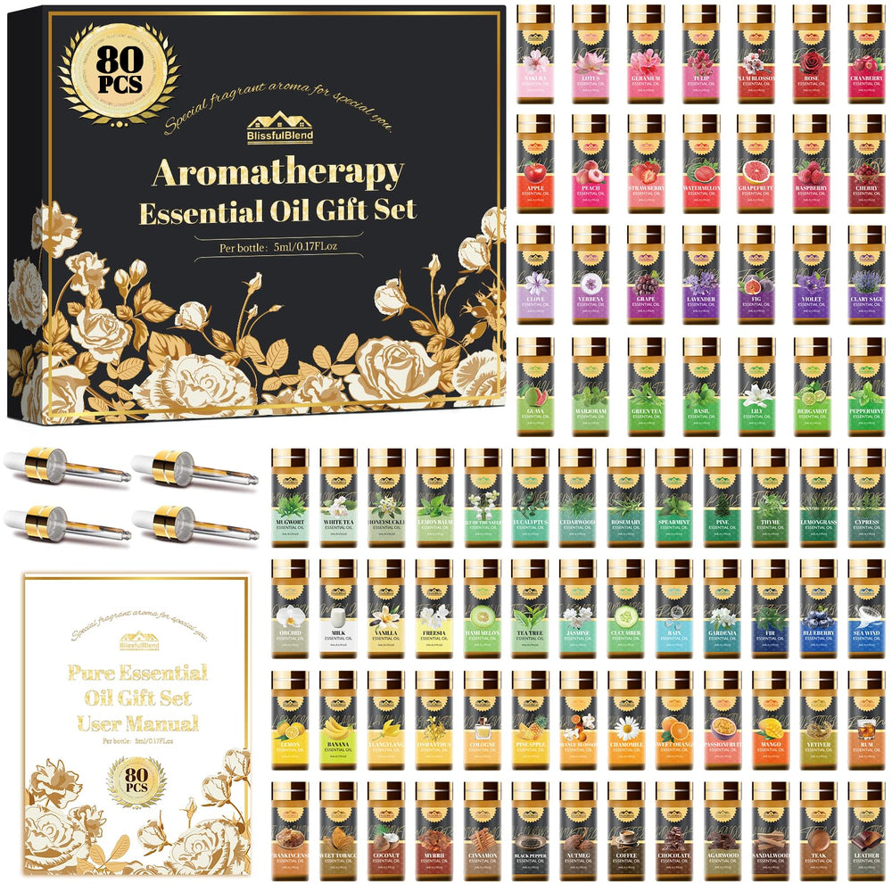 BlissfulBlend 80 essential oils collection packaging shows variety for diffusers and DIY projects