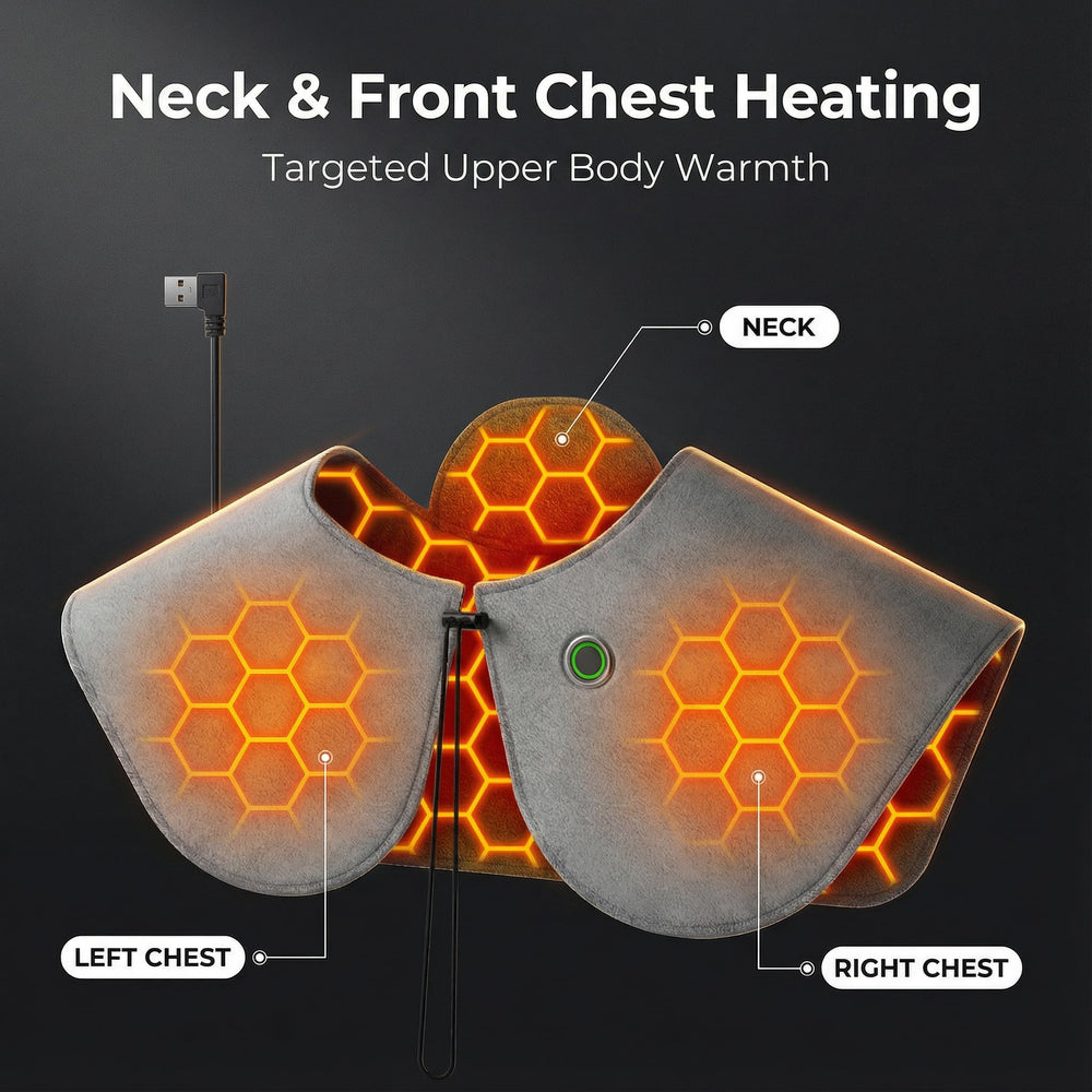 Blixno graphene neck and shoulder heating shawl, side view showing plush fabric and light weight for comfort.
