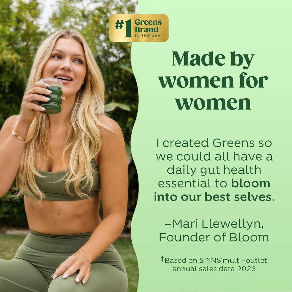 Bloom Nutrition founder-inspired routine shows daily greens shake for wellness support.