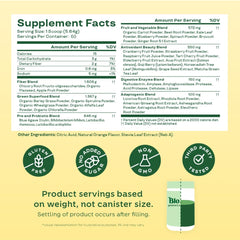 Bloom Nutrition greens show spirulina and chlorella inside the container.