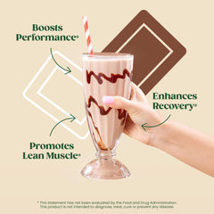 Glass of chocolate shake made with Bloom Whey Isolate, showcasing lean-muscle support.