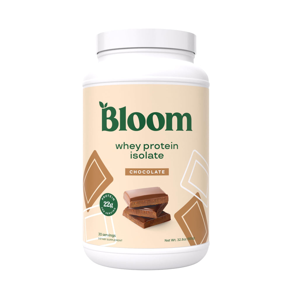 Bloom Nutrition Whey Isolate Chocolate powder in a jar for post-workout recovery.