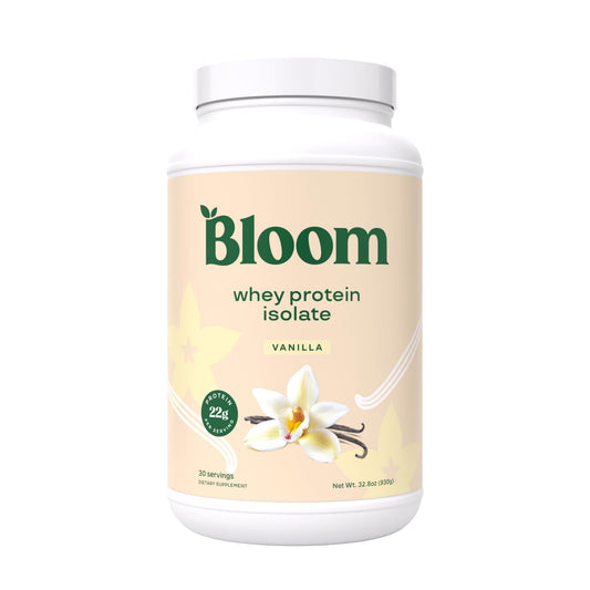Bloom Nutrition whey isolate vanilla powder for post-workout recovery with digestive enzymes.