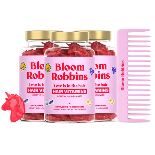 Bloom Robbins hair gummies strawberry flavor for daily beauty support.