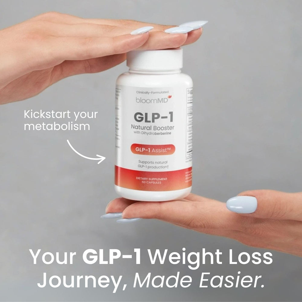 BloomMD GLP-1 natural booster label close-up highlighting vegan and GMP-certified formula