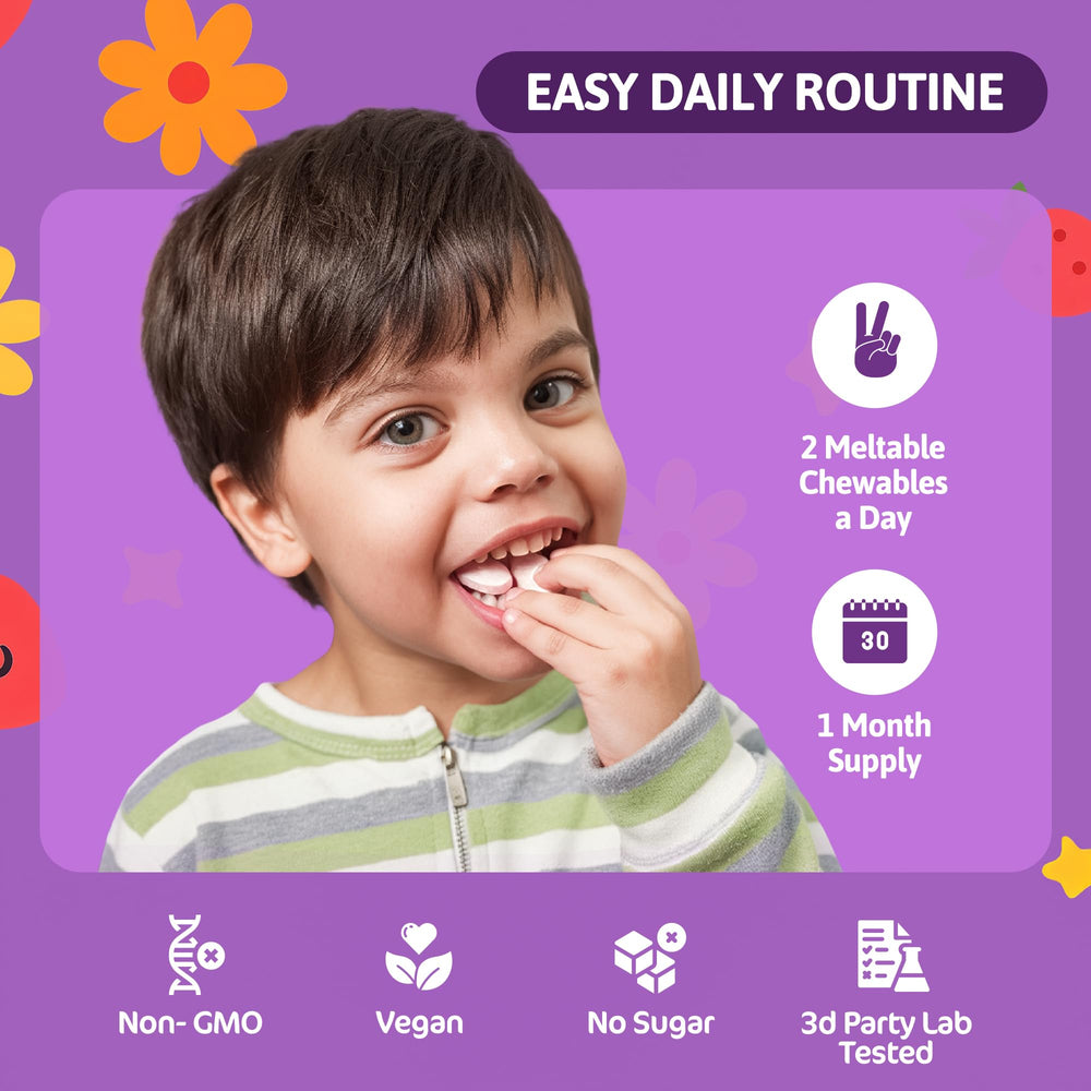 Child taking Berry Meltables after snack time for calm focus.